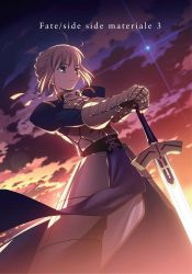 Rule 34 | 00s, 1girl, ahoge, armor, artoria pendragon (fate), blonde hair, fate/stay night, fate (series), green eyes, hand on hilt, highres, non-web source, official art, ribbon, saber (fate), solo, sunset, sword, takeuchi takashi, weapon