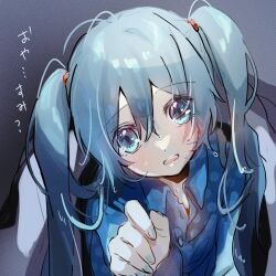 Rule 34 | 1girl, aqua eyes, aqua hair, aqua nails, blue pajamas, blush, commentary, hatsune miku, highres, long hair, looking at viewer, messy hair, open mouth, pafufu, pajamas, pale skin, partially unbuttoned, sketch, solo, translated, twintails, under covers, vocaloid