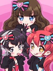 Rule 34 | 3girls, ;p, ;q, black bow, black gloves, black hair, blue eyes, blush, bow, brown hair, claw pose, gaaruru (pripara), gloves, grey eyes, hair bow, hands up, headphones, highres, ikzw, kurosu aroma, long hair, looking at viewer, multiple girls, one eye closed, own hands together, pink background, ponytail, pretty series, pripara, puffy short sleeves, puffy sleeves, red hair, shiratama mikan, short sleeves, sidelocks, smile, tongue, tongue out, twintails, upper body, yellow eyes