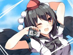 Rule 34 | 1girl, ;d, arm up, bad id, bad twitter id, black bow, black bowtie, black hair, black wings, blush, bow, bowtie, breasts, brown eyes, camera, hand up, hat, holding, holding camera, karasusou nano, looking at viewer, medium breasts, one eye closed, open mouth, pom pom (clothes), shameimaru aya, short sleeves, smile, solo, tokin hat, touhou, upper body, wings