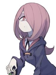 Rule 34 | 1girl, commentary request, expressionless, eyeshadow, gazacy (dai), hair over one eye, half-closed eyes, highres, holding, little witch academia, long hair, looking at viewer, luna nova school uniform, makeup, mushroom, pale skin, pink hair, red eyes, school uniform, simple background, solo, sucy manbavaran, white background, wide sleeves