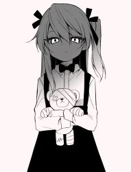 Rule 34 | 1girl, bandages, boko (girls und panzer), bow, bowtie, casual, closed mouth, collared shirt, disgust, frown, girls und panzer, glaring, greyscale, hair ribbon, halftone, high-waist skirt, highres, holding, holding stuffed toy, long hair, long sleeves, looking at viewer, monochrome, one side up, ribbon, ruruepa, shimada arisu, shirt, skirt, solo, standing, stuffed animal, stuffed toy, suspender skirt, suspenders, teddy bear