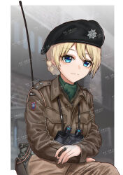 Rule 34 | 1girl, absurdres, alternate costume, ascot, beret, binoculars, black hat, blonde hair, blue eyes, braid, brown jacket, brown pants, chinese commentary, chinese text, cigar, closed mouth, commentary, commentary request, commission, darjeeling (girls und panzer), emblem, english commentary, girls und panzer, green ascot, hat, highres, holding, holding cigar, huihuang rongyao, insignia, jacket, long sleeves, looking at viewer, military, military hat, military uniform, mixed-language commentary, pants, pouch, radio, short hair, sitting, smile, solo, uniform, united kingdom, watermark, world war ii