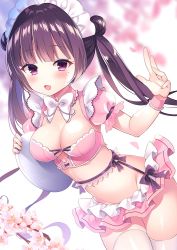 Rule 34 | 1girl, armpit cutout, black hair, bow, bowtie, breasts, cherry blossoms, cleavage, clothing cutout, crop top, detached collar, flower, frills, garter belt, groin, hand up, holding, long hair, looking at viewer, maid, maid headdress, medium breasts, microskirt, midriff, mole, mole under eye, nanohana kohina, navel, open mouth, original, pink flower, pink shirt, pink skirt, purple eyes, shirt, skirt, smile, solo, stomach, thighhighs, thighs, tray, twintails, very long hair, white thighhighs, wrist cuffs, zettai ryouiki