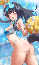 Rule 34 | 1girl, absurdres, animal ears, ass, bad id, bad pixiv id, bare shoulders, black hair, blue archive, blush, breasts, cheerleader, confetti, crop top, dog ears, dog girl, dog tail, eyewear on head, from behind, halo, hibiki (blue archive), hibiki (cheer squad) (blue archive), highleg, highres, holding, holding pom poms, jixo (user nzhc8728), long hair, looking at viewer, looking back, millennium cheerleader outfit (blue archive), multicolored hair, no pants, o-ring, o-ring bottom, o-ring panties, o o, open mouth, outdoors, panties, pom pom (cheerleading), pom poms, ponytail, solo, sunglasses, sweat, tail, thighs, thong, underwear, white panties