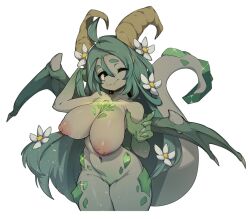 Rule 34 | 1girl, absurdres, ahoge, black eyes, breasts, brown horns, cleft of venus, colored skin, commentary, demon wings, english commentary, flower, green hair, grey skin, hair between eyes, hair flower, hair ornament, highres, horns, large breasts, long hair, looking at viewer, monster girl, navel, nipples, one eye closed, original, pussy, simple background, slugbox, solo, tail, thick eyebrows, thighs, white background, wings