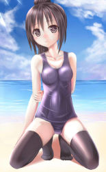 Rule 34 | 1girl, bad id, bad pixiv id, beach, black eyes, black hair, day, ikeda yuuki, one-piece swimsuit, original, school swimsuit, shiny clothes, skindentation, solo, swimsuit, thighhighs