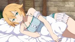 Rule 34 | 1girl, arm strap, bed sheet, blonde hair, blue shirt, breasts, cleavage, from side, game cg, green eyes, hair between eyes, indoors, layered skirt, looking at viewer, lying, medium breasts, miniskirt, official art, on side, philia (sao), pillow, shirt, short hair, skirt, sleeveless, sleeveless shirt, smile, solo, sword art online, white skirt