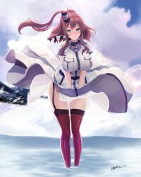 Rule 34 | 1girl, absurdres, beach, blue eyes, blush, breast pocket, breasts, brown hair, cloud, cloudy sky, commentary request, day, dress, hair between eyes, hair ornament, high side ponytail, highres, kantai collection, large breasts, long hair, looking at viewer, neckerchief, odachu, outdoors, pocket, ponytail, red neckerchief, red thighhighs, saratoga (kancolle), saratoga mk ii (kancolle), side ponytail, signature, sky, smile, smokestack, smokestack hair ornament, solo, thighhighs, water, white dress, wind