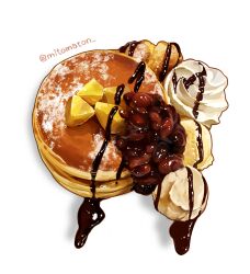 Rule 34 | absurdres, artist name, chocolate syrup, food, food focus, highres, mitomaton, original, pancake, realistic, simple background, still life, twitter username, whipped cream, white background