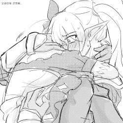 Rule 34 | 2girls, bow, dress, from side, greyscale, gwen (league of legends), hair bow, hug, league of legends, long hair, monochrome, multiple girls, pantyhose, poppy (league of legends), short sleeves, translation request, twintails, xayahsona 27, yordle