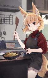 Rule 34 | 1girl, alternate costume, alternate hairstyle, animal ears, apron, black apron, blonde hair, braid, brown eyes, casual, commentary request, cooking, crown braid, extra ears, fennec (kemono friends), fox ears, fox girl, fox tail, frying pan, grey skirt, highres, kemono friends, nanana (nanana iz), pleated skirt, red sweater, short hair, skirt, sleeves rolled up, solo, spatula, striped clothes, striped sweater, sweater, tail, turtleneck