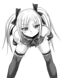 Rule 34 | 1girl, arms behind back, dead or alive, dead or alive 5, elbow gloves, flat chest, gloves, greyscale, hair ribbon, jitome, leaning forward, leotard, looking at viewer, marie rose, monochrome, ribbon, solo, suzuna (najaran), thighhighs, twintails