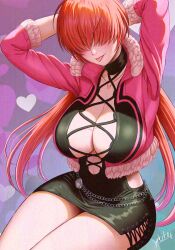 Rule 34 | 1girl, arms behind head, artist name, breasts, cleavage, hair over eyes, highres, jacket, large breasts, legs, low twintails, open clothes, open jacket, red hair, shermie (kof), sitting, smile, snk, solo, the king of fighters, thick thighs, thighs, tongue, tongue out, twintails