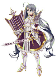 Rule 34 | 1girl, ahoge, alternate costume, armor, blue eyes, boots, breastplate, closed mouth, colored inner hair, female knight, full armor, gauntlets, grey hair, hair between eyes, high heel boots, high heels, highres, holding, holding shield, holding sword, holding weapon, kantai collection, kiyoshimo (kancolle), knight, long hair, luicent, armored boots, multicolored hair, pauldrons, red skirt, shield, shoulder armor, simple background, skirt, smile, solo, standing, sword, twintails, very long hair, weapon, white background