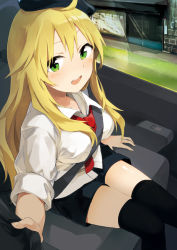 Rule 34 | 1girl, bad id, bad pixiv id, between breasts, black thighhighs, blonde hair, blush, breasts, green eyes, hat, hoshii miki, idolmaster, idolmaster (classic), long hair, medium breasts, necktie, open mouth, rin (royal), seatbelt, sitting, sleeves rolled up, solo, strap between breasts, thighhighs