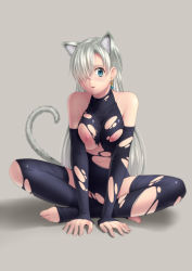 Rule 34 | 10s, 1girl, animal ears, arm support, barefoot, black gloves, black thighhighs, bodysuit, breasts, cat ears, cat tail, covered collarbone, earrings, elizabeth liones, embarrassed, feet, fingerless gloves, full body, gloves, grey background, hair over one eye, halterneck, jewelry, kai (link2262), kemonomimi mode, large breasts, leotard, long hair, nanatsu no taizai, navel, nipples, shadow, silver hair, simple background, sitting, solo, spread legs, tail, thighhighs, thighs, toeless legwear, toes, torn clothes, torn leotard, very long hair