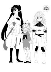 Rule 34 | 4girls, absurdres, animal ears, belt, black pantyhose, boots, bow, breasts, cape, clenched hands, greyscale, hair ornament, highres, horns, japanese clothes, kimono, kneehighs, large breasts, long hair, looking at viewer, mamama (mamayuyu), mamayuyu, midriff, minerva (mamayuyu), momoeolia, monika (mamayuyu), monochrome, multicolored hair, multiple girls, navel, pantyhose, pointy ears, sandals, simple background, skirt, socks, standing, star (symbol), star hair ornament, streaked hair, tongue, tongue out, white background, white pantyhose, wool pool elysia, yukata