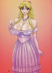 Rule 34 | 1girl, akimoto katherine reiko, alternate hairstyle, artist request, blonde hair, bow, breasts, cleavage, cover, cowboy shot, cup, dress, drill hair, drinking glass, earrings, elbow gloves, evening gown, gloves, gradient background, hair bow, highres, jewelry, kochikame, large breasts, long hair, looking at viewer, no bra, parted lips, pink dress, pink gloves, purple eyes, red lips, simple background, solo, strapless, strapless dress, wine glass