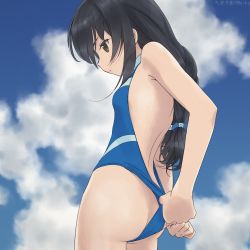 Rule 34 | 10s, 1girl, adjusting clothes, adjusting swimsuit, ass, bad id, bad twitter id, bare back, black hair, blue sky, blue one-piece swimsuit, brown eyes, butt crack, chimaki (u9works), closed mouth, cloud, cloudy sky, competition swimsuit, cowboy shot, day, expressionless, facing away, girls und panzer, halterneck, halterneck, lips, long hair, low-tied long hair, one-piece swimsuit, outdoors, profile, reizei mako, sky, solo, swimsuit, wedgie
