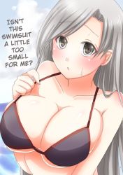 Rule 34 | 10s, 1girl, alternate hairstyle, bikini, blush, breasts, chitose (kancolle), cleavage, collarbone, grey eyes, hair down, hard-translated, huge breasts, kantai collection, long hair, looking at viewer, silver hair, solo, sotogawa max, sweat, swimsuit, third-party edit, translated, upper body