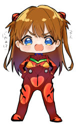 Rule 34 | !?, 1girl, artist request, blue eyes, bodysuit, breasts, brown hair, chibi, cowboy shot, fang, full body, gloves, hair ornament, hands on own hips, highres, long hair, neon genesis evangelion, open mouth, plugsuit, red bodysuit, simple background, skin fang, skin tight, solo, souryuu asuka langley, standing, teeth, two side up, very long hair