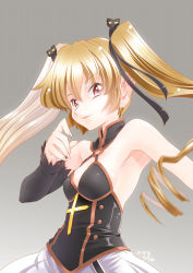 Rule 34 | 1girl, artist name, blonde hair, breasts, bustier, cat hair ornament, commentary request, detached sleeves, hair between eyes, hair ornament, hair rings, long hair, long sleeves, looking at viewer, mizuki hitoshi, o-ring, pachira, pointy ears, red eyes, renkin san-kyuu magical pokaan, small breasts, smile, solo, twintails, upper body