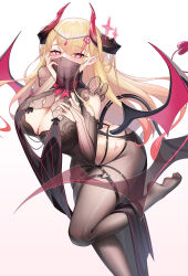 Rule 34 | 1girl, absurdres, ass, bat wings, black pantyhose, blonde hair, breasts, butt crack, cleavage, cleavage cutout, clothing cutout, demon girl, hand on own cheek, hand on own chest, hand on own face, heart, heart tail, heart tattoo, highres, horns, huge breasts, large breasts, leg up, long hair, looking at viewer, mouth veil, original, pantyhose, pointy ears, red eyes, see-through, simple background, solo, standing, standing on one leg, tail, tattoo, veil, very long hair, wings, zijiang