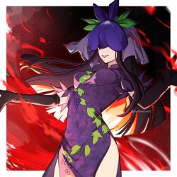 Rule 34 | 1girl, black gloves, black hair, breasts, cowboy shot, dress, elbow gloves, flower, gloves, grape print, highres, long hair, looking at viewer, naozi, orchid, puffy short sleeves, puffy sleeves, purple dress, red background, short sleeves, smile, solo, touhou, twitter username, unfinished dream of all living ghost, yomotsu hisami