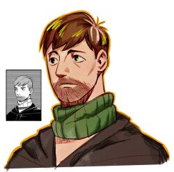 Rule 34 | 1boy, alternate species, beard stubble, chilchuck tims, comic panel redraw, connected beard, cropped torso, derivative work, dungeon meshi, facial hair, highres, looking ahead, male focus, mature male, mikeyyangel0, mustache stubble, scarf, short hair, sideburns, solo, stubble, thick eyebrows