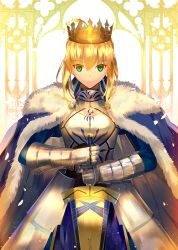 Rule 34 | 1girl, ahoge, armor, armored dress, artoria pendragon (all), artoria pendragon (fate), blonde hair, blue dress, crown, dress, excalibur (fate/stay night), fate/stay night, fate (series), gauntlets, green eyes, hair between eyes, holding, holding sword, holding weapon, saber (fate), short hair with long locks, sidelocks, solo, standing, sword, weapon, weed (astarone)