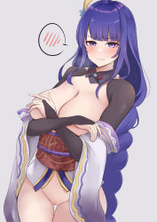 Rule 34 | 1girl, absurdres, black gloves, blunt bangs, blush, braid, breasts, breasts out, breath, bridal gauntlets, closed mouth, commentary, covering breasts, covering privates, cowboy shot, crossed arms, embarrassed, genshin impact, glaring, gloves, grey background, hair ornament, heavy breathing, highres, japanese clothes, kimono, kimono pull, large breasts, long hair, looking at viewer, low-braided long hair, low-tied long hair, no bra, no mole, no panties, obi, obiage, obijime, purple eyes, purple hair, purple kimono, pussy, raiden shogun, sash, scowl, simple background, snao (snao na snao), solo, spoken blush, standing, thigh gap, uncensored, very long hair