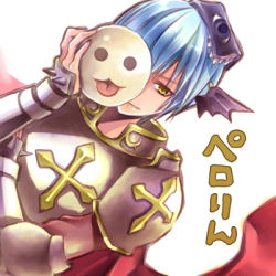 Rule 34 | 1boy, armor, black wings, blue hair, breastplate, cape, closed mouth, commentary request, cross, demon wings, dutch angle, gauntlets, head wings, holding, holding mask, looking at viewer, lord knight (ragnarok online), lowres, male focus, mask, pauldrons, ragnarok online, red cape, rideword (ragnarok online), riuhi, short hair, shoulder armor, simple background, smile, solo, spiked gauntlets, translation request, upper body, white background, wings, yellow eyes