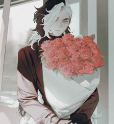 Rule 34 | 1boy, alternate costume, black hair, bouquet, closed mouth, commentary, creatures (company), flower, game freak, grey eyes, hair over one eye, holding, holding bouquet, long hair, looking at viewer, male focus, multicolored hair, nintendo, pale skin, piers (pokemon), pokemon, pokemon swsh, rioru (rioru v v), solo, two-tone hair, white hair