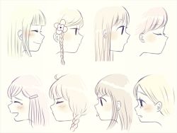 Rule 34 | 6+girls, :d, :p, ahoge, ayu (mog), blonde hair, blush, brown hair, closed mouth, closed eyes, flower, hair flower, hair ornament, hairclip, jitome, light brown hair, limited palette, multiple girls, open mouth, original, pink hair, profile, smile, tongue, tongue out