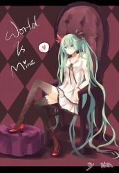 Rule 34 | 1girl, bad id, bad pixiv id, bracelet, chair, checkered background, full body, green eyes, green hair, hatsune miku, heart, high heels, itsia, itsiaorz, jewelry, long hair, matching hair/eyes, shoes, sitting, skirt, solo, spoken heart, thighhighs, twintails, very long hair, vocaloid, world is mine (vocaloid)