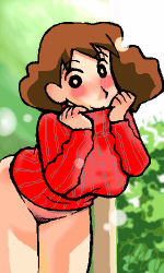 Rule 34 | 1girl, blush, bottomless, breasts, covering privates, crayon shin-chan, female pubic hair, happy, large breasts, long hair, lowres, mature female, no panties, nohara misae, pubic hair, smile, solo, sweater, turtleneck
