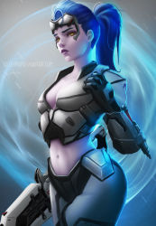 Rule 34 | 1girl, blue hair, breasts, cleavage, clenched hand, colored skin, commentary, cowboy shot, energy, eyelashes, gloves, goggles, goggles on head, grey background, gun, highres, holding, holding gun, holding weapon, lips, lolliedrop, looking at viewer, medium hair, midriff, navel, official alternate costume, overwatch, overwatch 1, ponytail, purple lips, purple skin, realistic, rifle, small breasts, solo, talon widowmaker, watermark, weapon, web address, widowmaker (overwatch), yellow eyes