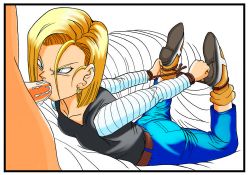 Rule 34 | 1boy, 1girl, android 18, bdsm, blonde hair, blue eyes, bondage, bound, cum, cum in mouth, dragon ball, dragonball z, fellatio, forced, hetero, oral, penis, rope, solo focus, uncensored