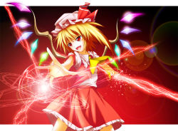 Rule 34 | 1girl, blonde hair, female focus, flandre scarlet, foreshortening, gradient background, hat, laughing, lens flare, mob cap, red eyes, short hair, skirt, solo, touhou, wings, zb (dawn-blue)