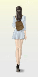 Rule 34 | 1girl, absurdres, backpack, bag, brown bag, brown hair, dress, faceless, from behind, full body, hair ornament, hair pulled back, hairclip, hairpin, high heels, highres, light blue dress, original, procreate (medium), puffy sleeves, pumps, shoes, stiletto heels, thighs, walking, y.kami nao/take