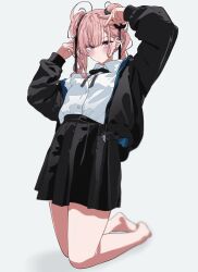Rule 34 | 1girl, absurdres, arms up, barefoot, black jacket, black skirt, blush, closed mouth, collared shirt, commentary request, dot mouth, dot nose, double bun, earrings, feet, full body, hair behind ear, hair bun, hair ornament, hair scrunchie, hands on own head, highres, jacket, jewelry, kneeling, legs, looking at viewer, luvluvvox, medium hair, neckerchief, off-shoulder jacket, off shoulder, original, pink eyes, pink hair, pleated skirt, school uniform, scrunchie, shirt, shirt tucked in, simple background, single off shoulder, skirt, solo, stud earrings, swept bangs, thighs, v, white background, white shirt