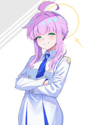 Rule 34 | 1girl, absurdres, ahoge, blue archive, blue necktie, blush, braid, braided bun, buttons, cowboy shot, crossed arms, double-breasted, gloves, green eyes, grin, hair bun, halo, highres, horizontal pupils, kaya (blue archive), long sleeves, looking at viewer, necktie, pink hair, school uniform, short hair with long locks, shoulder boards, sidelocks, smile, tai mian meng meng, white background, white gloves