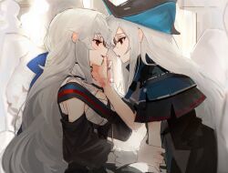Rule 34 | 2girls, arknights, bite mark, black dress, black headwear, commentary, dress, grey hair, h cho3, hand on another&#039;s face, hat, holding another&#039;s arm, long hair, looking at another, multiple girls, open mouth, profile, red eyes, skadi (arknights), smile, specter (arknights), specter the unchained (arknights), very long hair