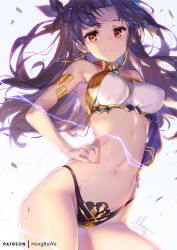 Rule 34 | 1girl, armlet, asymmetrical sleeves, bare shoulders, bikini, black bikini, black bow, black hair, blush, bow, breasts, cameltoe, closed mouth, cowboy shot, detached collar, detached sleeves, earrings, fate/grand order, fate (series), hair bow, hair ribbon, hands on own hips, highleg, highleg bikini, hong (white spider), hoop earrings, ishtar (fate), jewelry, lightning, lightning bolt symbol, long hair, looking at viewer, medium breasts, mismatched bikini, navel, neck ring, parted bangs, red eyes, ribbon, simple background, single detached sleeve, solo, stomach, swimsuit, thighs, uneven sleeves, white background, white bikini