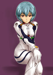 Rule 34 | 1girl, artist request, ayanami rei, blue hair, bodysuit, breasts, hand on knee, highres, looking at viewer, neon genesis evangelion, plugsuit, red eyes, shiny clothes, short hair, simple background, sitting, solo