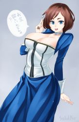 Rule 34 | 1girl, bioshock (series), bioshock infinite, blue background, blue eyes, breasts, brown hair, choker, coin, elizabeth (bioshock infinite), highres, large breasts, looking at viewer, open mouth, short hair, smile, solo, thimble, translation request, zonda (solid air)