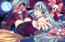 Rule 34 | 1girl, aqua hair, bad id, bad pixiv id, boots, bow, broom, broom riding, foreshortening, full moon, green eyes, hair ornament, hat, long hair, looking at viewer, matatabi maru, moon, open mouth, original, pointy ears, skirt, skull hair ornament, smile, solo, very long hair, witch hat