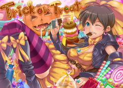 Rule 34 | 1girl, black hair, blue eyes, boots, bow, bubble skirt, candy, chocolate, chocolate bar, doughnut, earrings, food, ganaha hibiki, hair bow, halloween, idolmaster, idolmaster (classic), jack-o&#039;-lantern, jewelry, lollipop, long hair, mikel (4hands), mouth hold, one eye closed, orange skirt, ponytail, pumpkin, ribbon, skirt, solo, striped clothes, striped thighhighs, thighhighs, trick or treat, vest, wink, zettai ryouiki