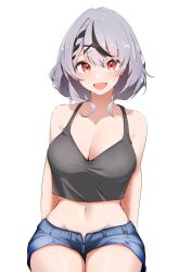Rule 34 | 1girl, alternate costume, arms behind back, black hair, black tank top, blue shorts, blush, braid, breasts, casual, chromatic aberration, cleavage, commentary, cowboy shot, cowlick, crop top, denim, denim shorts, ear piercing, fang, french braid, grey hair, groin, hair ornament, highres, hololive, looking at viewer, medium breasts, multicolored hair, navel, open fly, open mouth, piercing, red eyes, sakamata chloe, short hair, short shorts, shorts, simple background, single braid, sitting, skin fang, sleeveless, smile, solo, stomach, streaked hair, tank top, two-tone hair, virtual youtuber, white background, x hair ornament, yamaki (yamaki801)